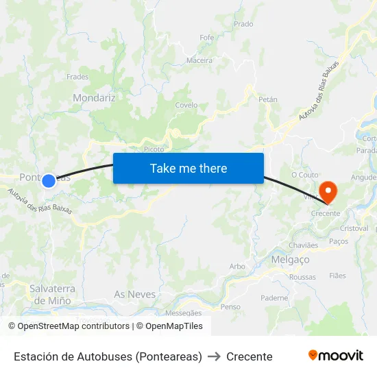 Estación de Autobuses (Ponteareas) to Crecente map