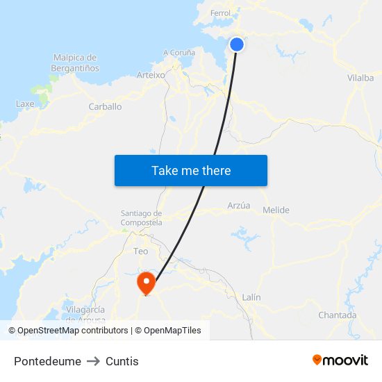 Pontedeume to Cuntis map