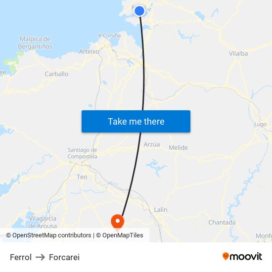 Ferrol to Forcarei map