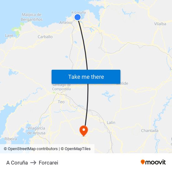A Coruña to Forcarei map