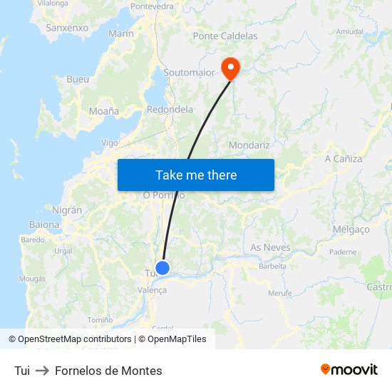 Tui to Fornelos de Montes map