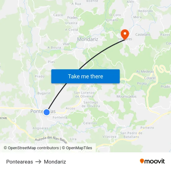 Ponteareas to Mondariz map