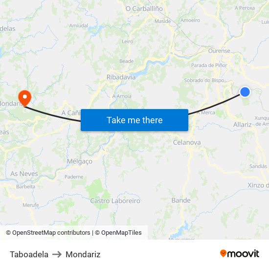 Taboadela to Mondariz map