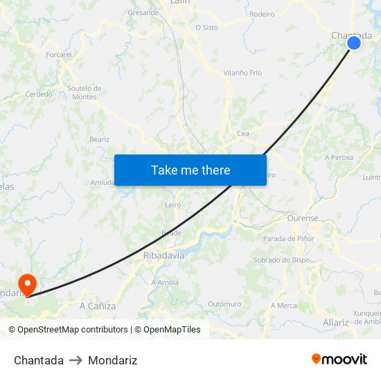 Chantada to Mondariz map