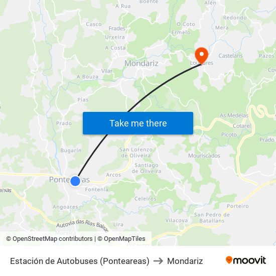 Estación de Autobuses (Ponteareas) to Mondariz map
