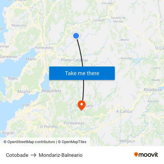 Cotobade to Mondariz-Balneario map