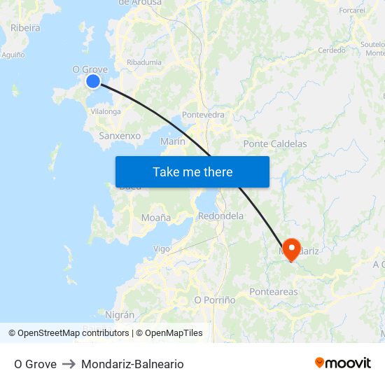 O Grove to Mondariz-Balneario map