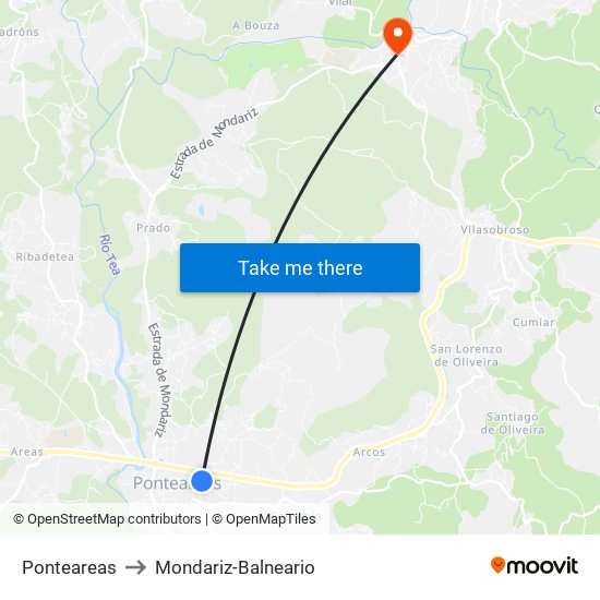 Ponteareas to Mondariz-Balneario map