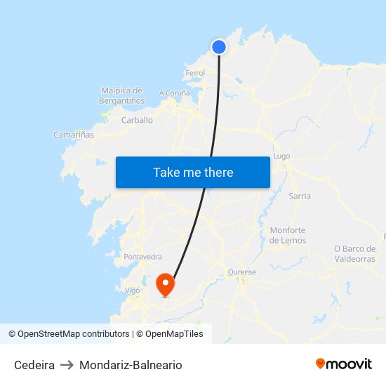 Cedeira to Mondariz-Balneario map