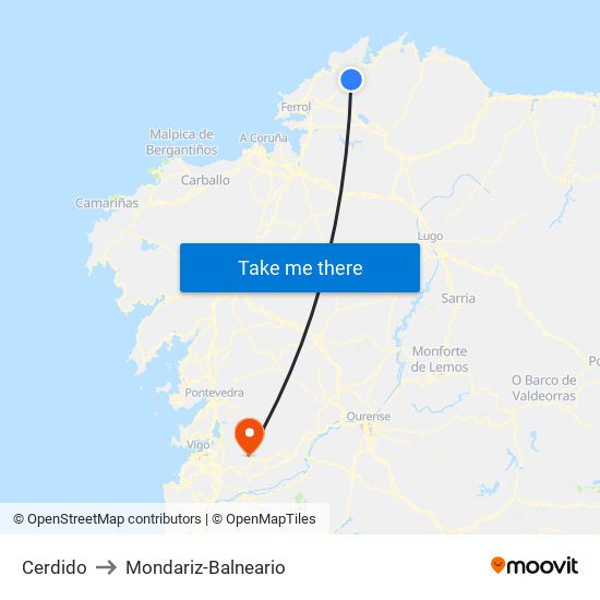 Cerdido to Mondariz-Balneario map