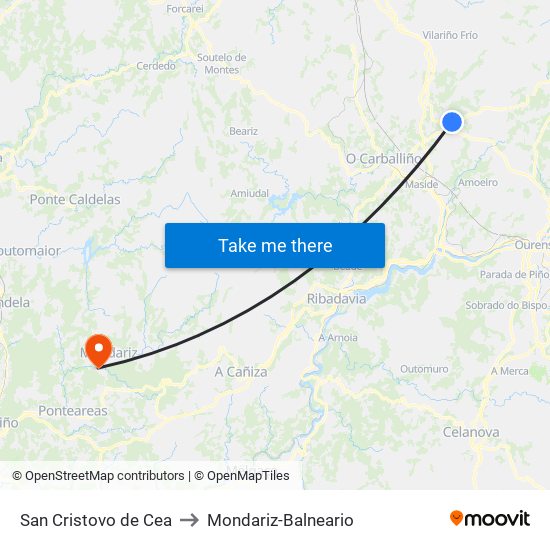 San Cristovo de Cea to Mondariz-Balneario map