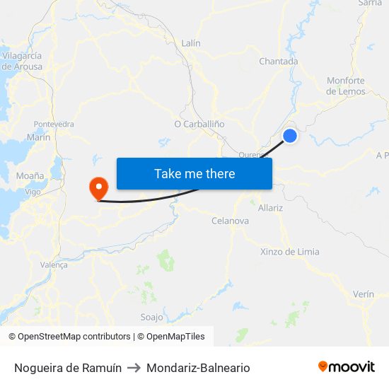 Nogueira de Ramuín to Mondariz-Balneario map