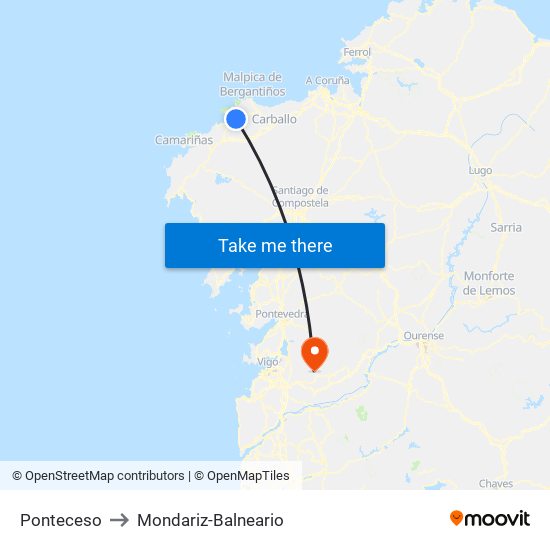 Ponteceso to Mondariz-Balneario map