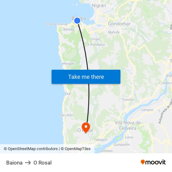 Baiona to O Rosal map