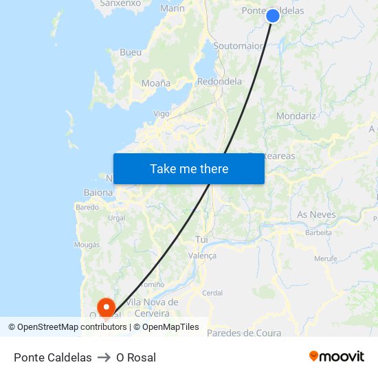 Ponte Caldelas to O Rosal map