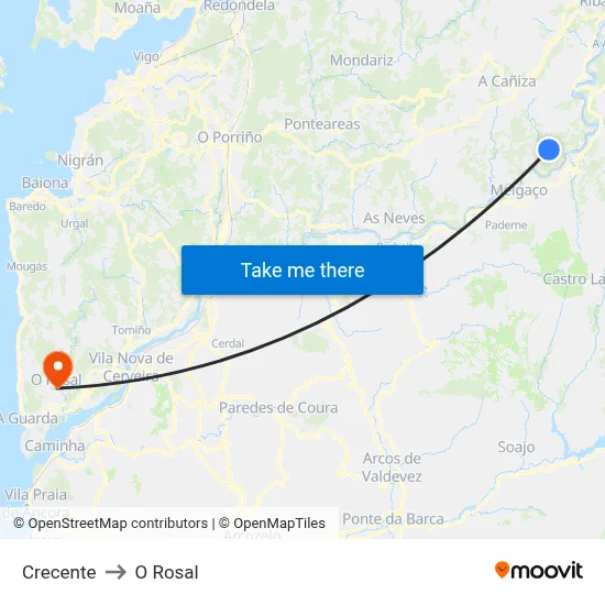 Crecente to O Rosal map