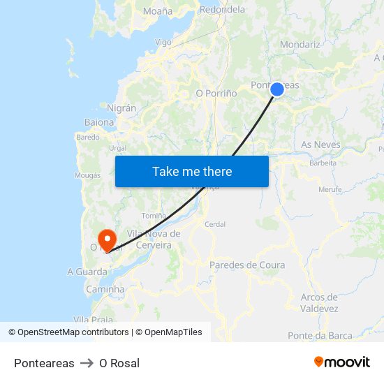 Ponteareas to O Rosal map