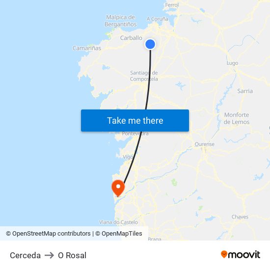 Cerceda to O Rosal map