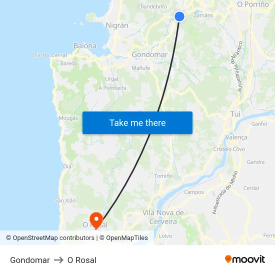 Gondomar to O Rosal map