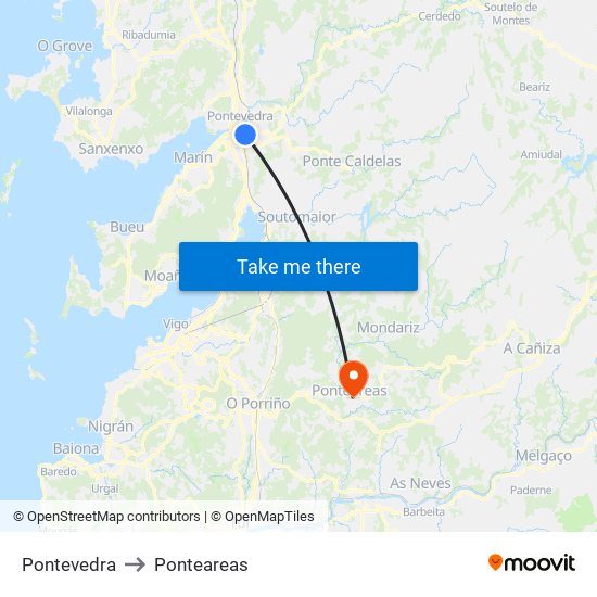 Pontevedra to Ponteareas map