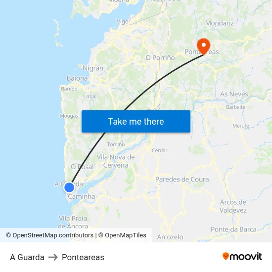 A Guarda to Ponteareas map