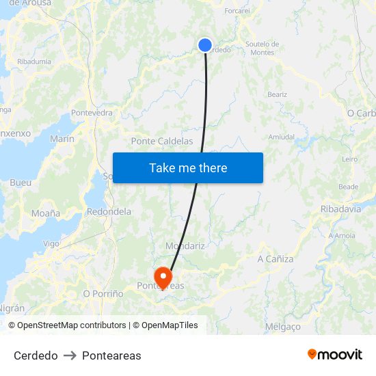 Cerdedo to Ponteareas map