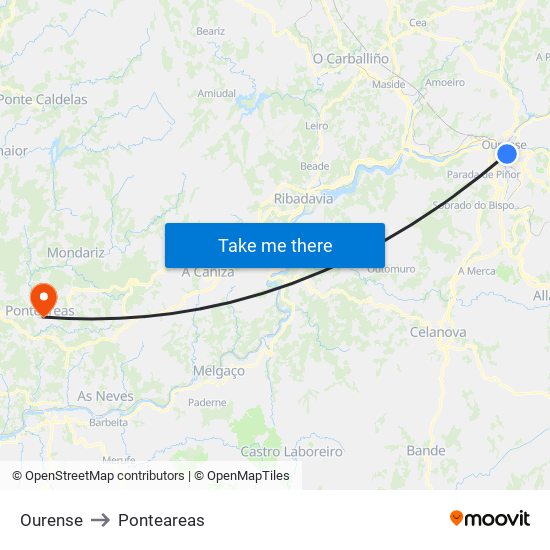 Ourense to Ponteareas map