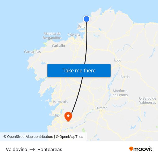 Valdoviño to Ponteareas map