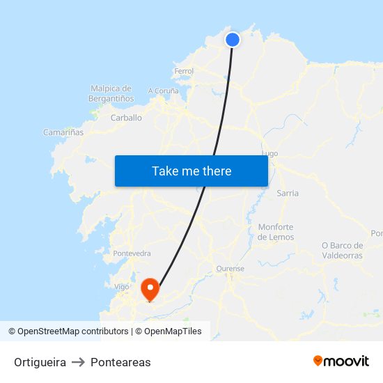 Ortigueira to Ponteareas map