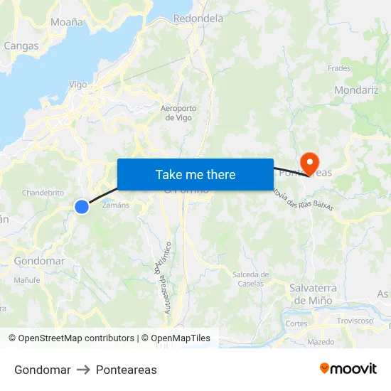 Gondomar to Ponteareas map