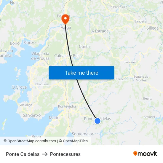 Ponte Caldelas to Pontecesures map
