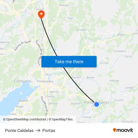 Ponte Caldelas to Portas map