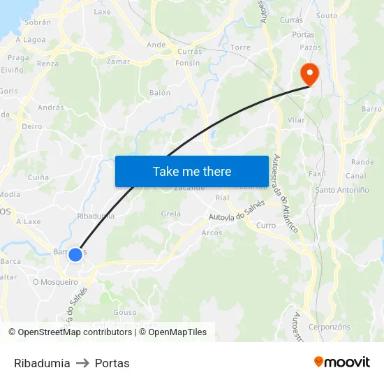 Ribadumia to Portas map
