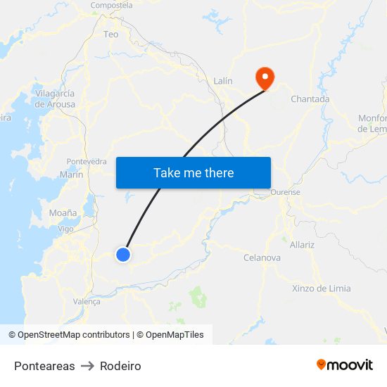 Ponteareas to Rodeiro map