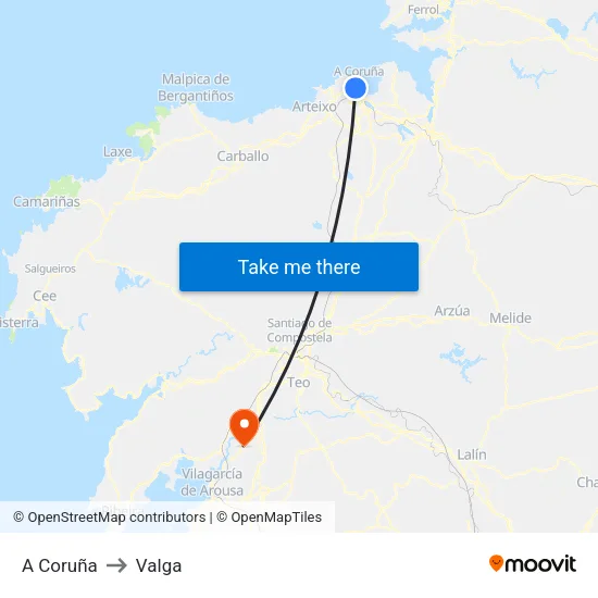 A Coruña to Valga map