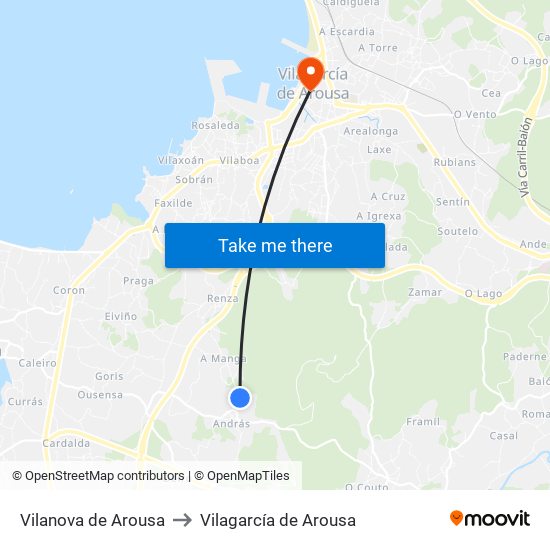 Vilanova de Arousa to Vilagarcía de Arousa map