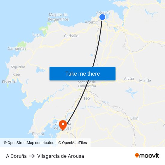 A Coruña to Vilagarcía de Arousa map