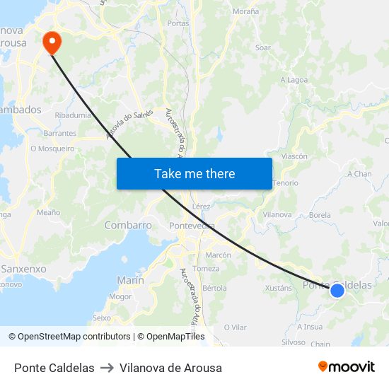 Ponte Caldelas to Vilanova de Arousa map