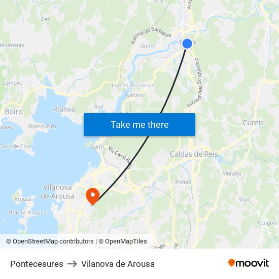 Pontecesures to Vilanova de Arousa map