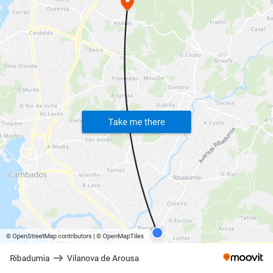 Ribadumia to Vilanova de Arousa map