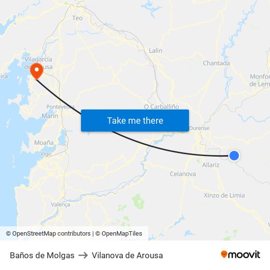 Baños de Molgas to Vilanova de Arousa map