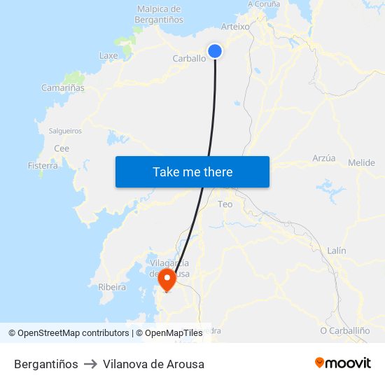 Bergantiños to Vilanova de Arousa map