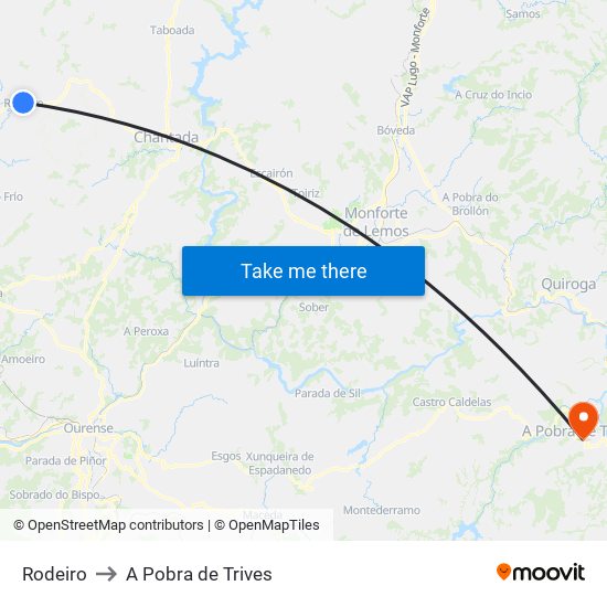 Rodeiro to A Pobra de Trives map