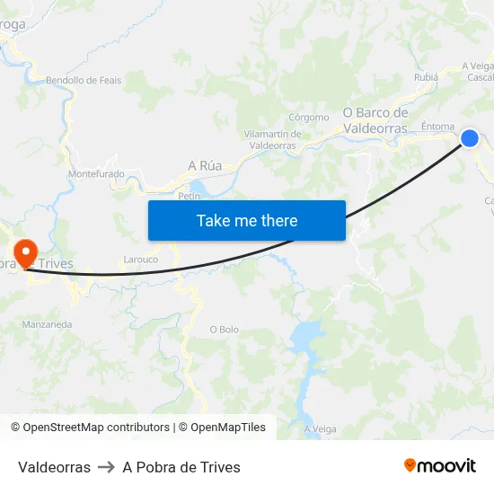 Valdeorras to A Pobra de Trives map
