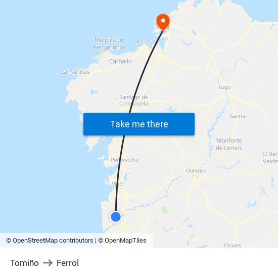 Tomiño to Ferrol map