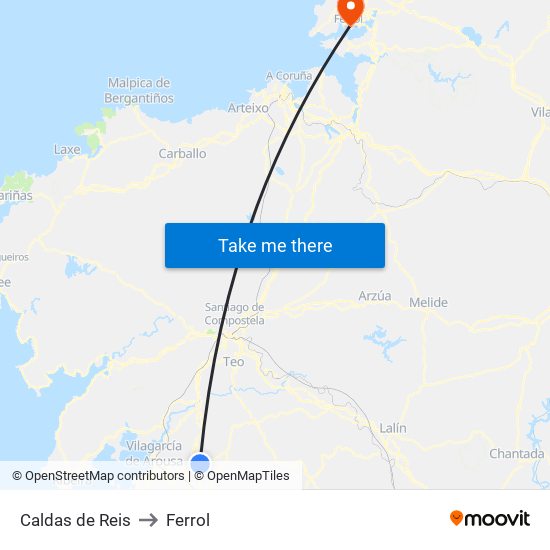 Caldas de Reis to Ferrol map
