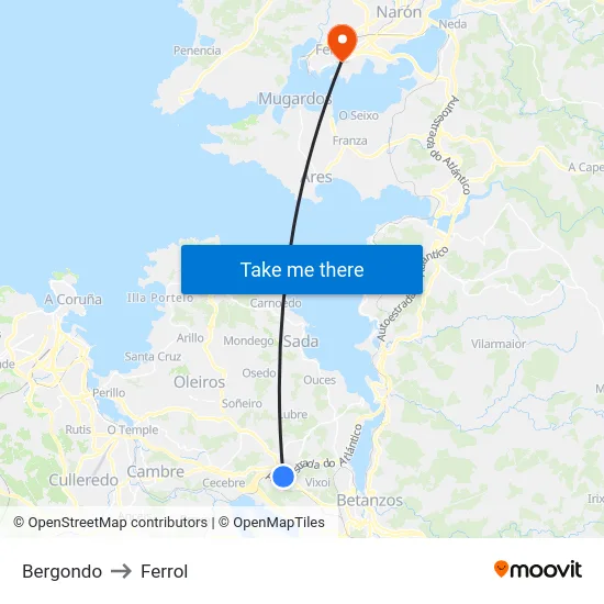 Bergondo to Ferrol map