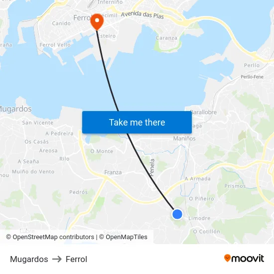 Mugardos to Ferrol map