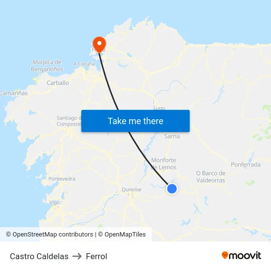 Castro Caldelas to Ferrol map