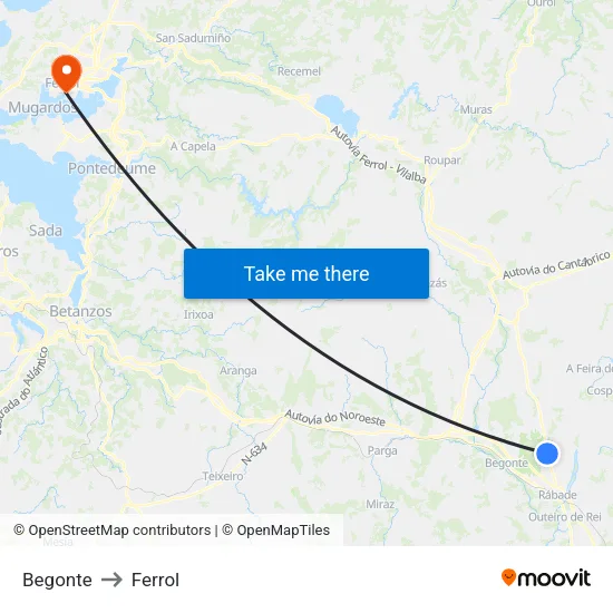 Begonte to Ferrol map